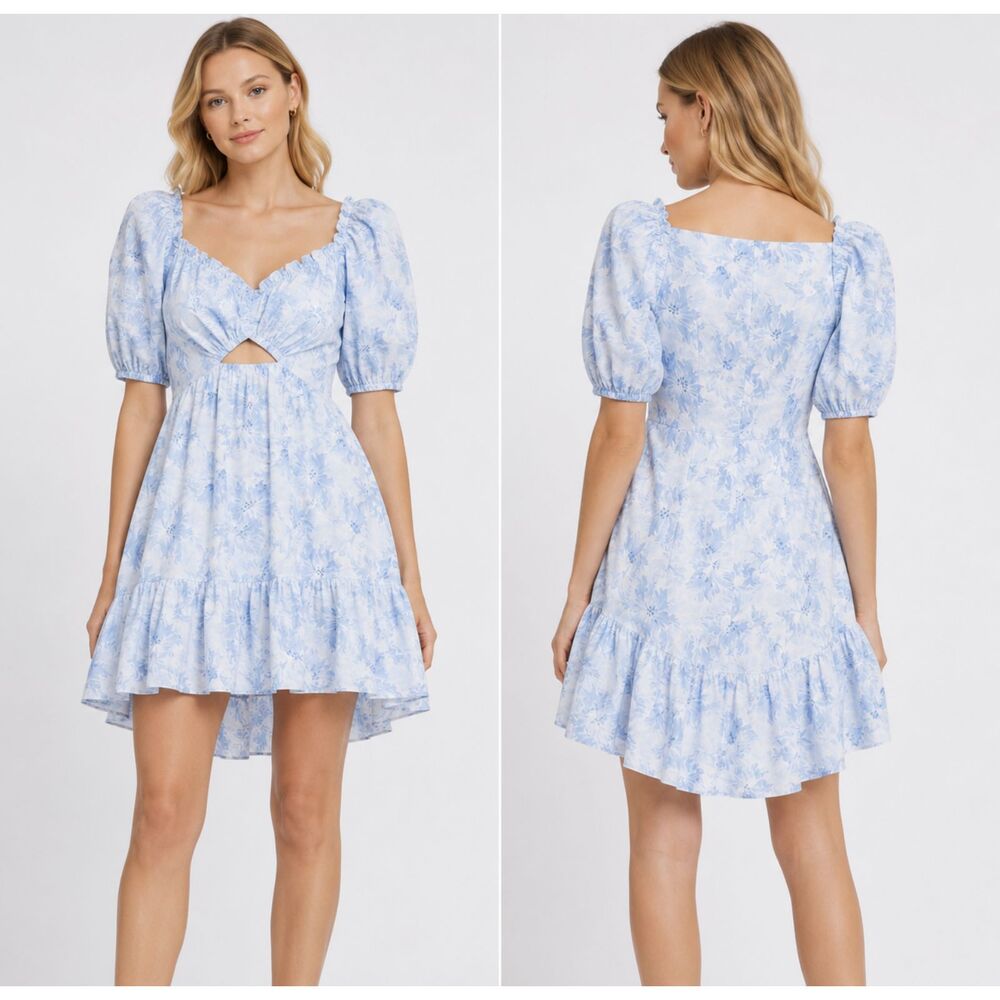Cinq à Sept Kayla Puff Sleeve Blue Floral Mini Dress Size 0 Cutout Fit & Flare